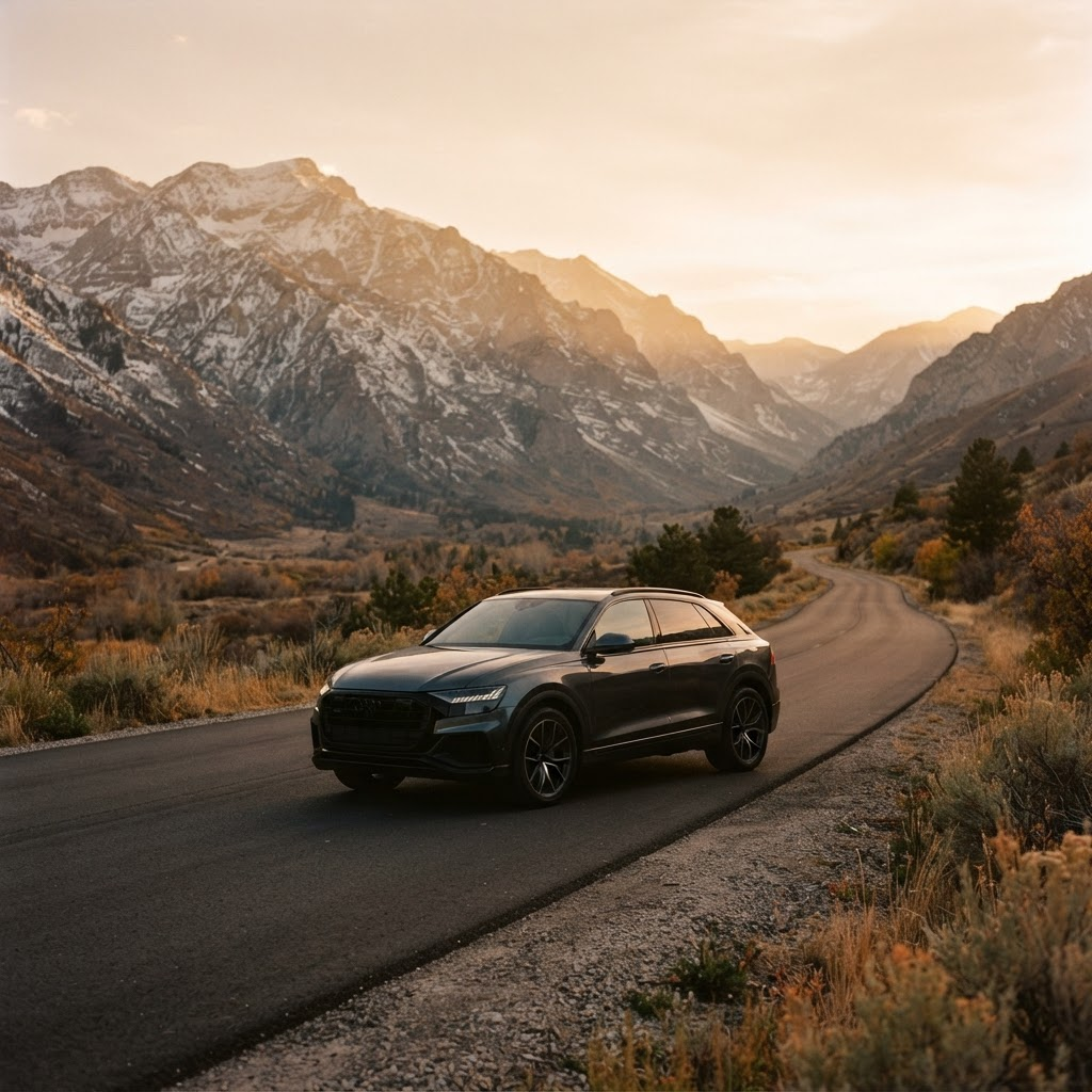 Dark grey SUV on an open road with the snow-capped Wasatch mountains near Salt Lake City at golden hour